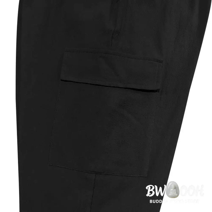 Buddha Stones Solid Color Linen Drawstring Men’s Cargo Pants With Pockets - Men’s Pants