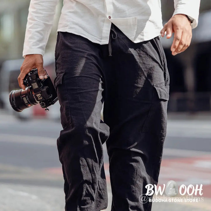 Buddha Stones Solid Color Linen Drawstring Men’s Cargo Pants With Pockets - Men’s Pants