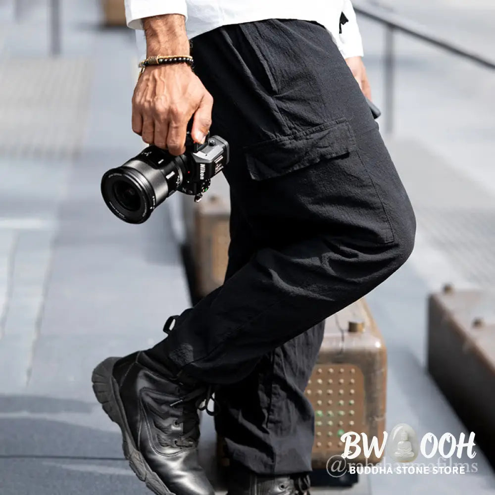 Buddha Stones Solid Color Linen Drawstring Men’s Cargo Pants With Pockets - Men’s Pants