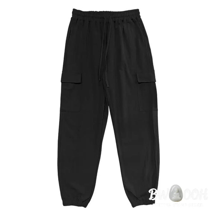 Buddha Stones Solid Color Linen Drawstring Men’s Cargo Pants With Pockets - Men’s Pants
