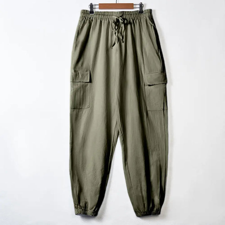 Buddha Stones Solid Color Linen Drawstring Men’s Cargo Pants With Pockets - DarkSeaGreen / US/UK/AU36，EU46 (S) - Men’s