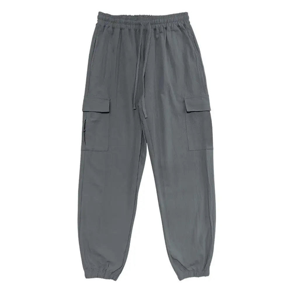Buddha Stones Solid Color Linen Drawstring Men’s Cargo Pants With Pockets - Gray / US/UK/AU36，EU46 (S) - Men’s Pants