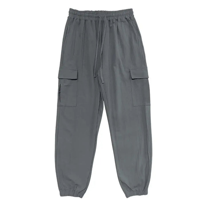 Buddha Stones Solid Color Linen Drawstring Men’s Cargo Pants With Pockets - Gray / US/UK/AU36，EU46 (S) - Men’s Pants