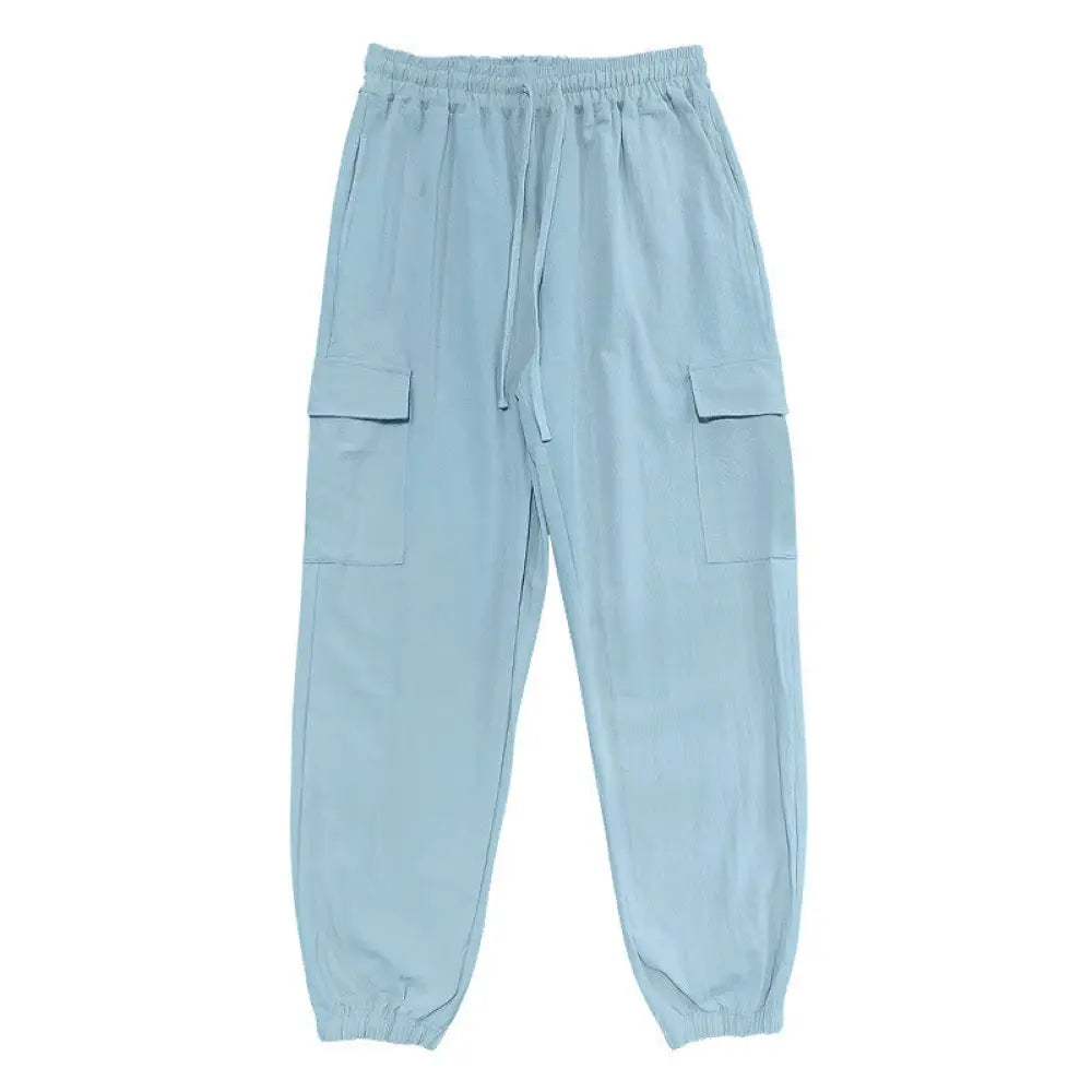 Buddha Stones Solid Color Linen Drawstring Men’s Cargo Pants With Pockets - LightSkyBlue / US/UK/AU36，EU46 (S) - Men’s