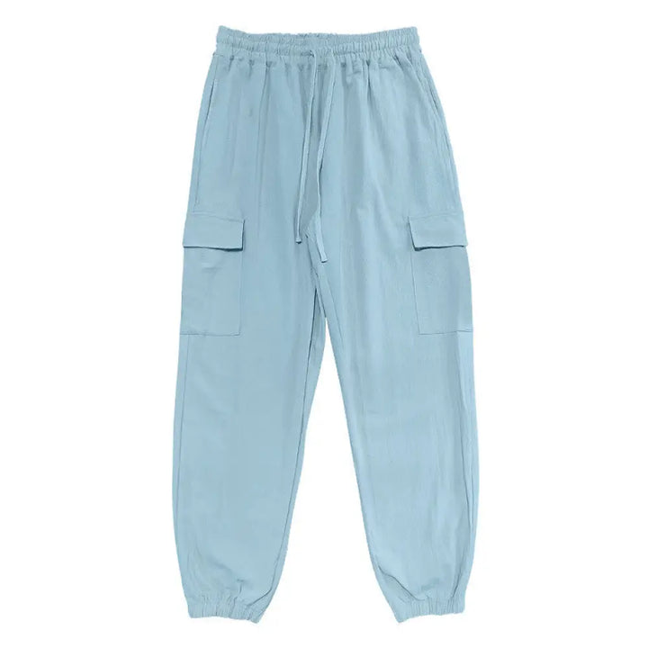 Buddha Stones Solid Color Linen Drawstring Men’s Cargo Pants With Pockets - LightSkyBlue / US/UK/AU36，EU46 (S) - Men’s