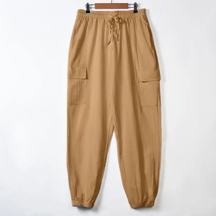Buddha Stones Solid Color Linen Drawstring Men’s Cargo Pants With Pockets - SandyBrown / US/UK/AU36，EU46 (S) - Men’s