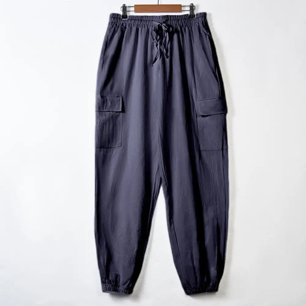 Buddha Stones Solid Color Linen Drawstring Men’s Cargo Pants With Pockets - SteelBlue / US/UK/AU36，EU46 (S) - Men’s