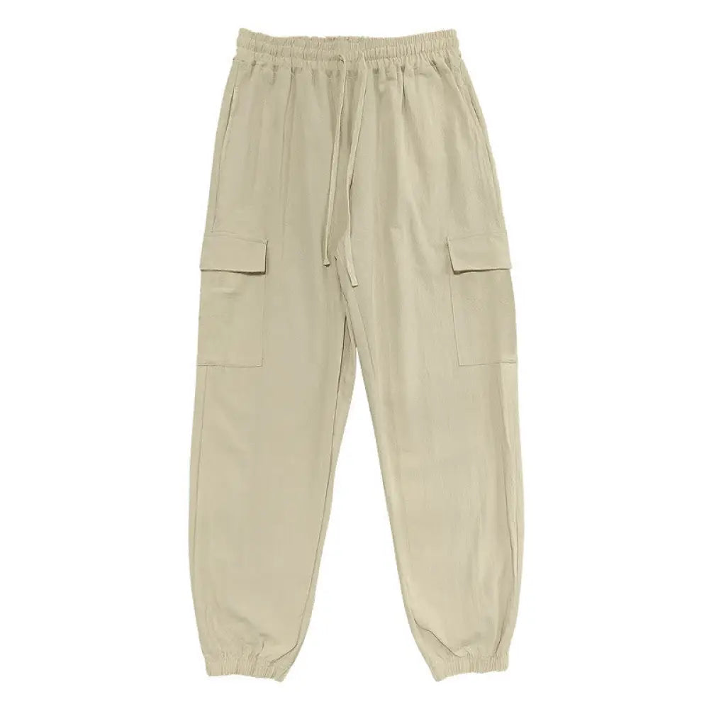 Buddha Stones Solid Color Linen Drawstring Men’s Cargo Pants With Pockets - Wheat / US/UK/AU36，EU46 (S) - Men’s Pants