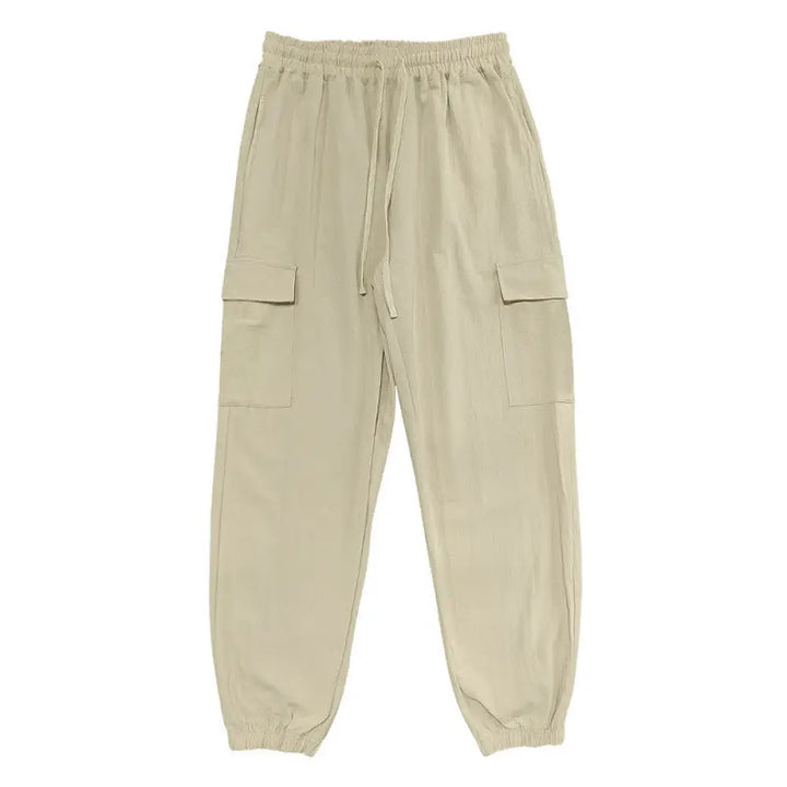 Buddha Stones Solid Color Linen Drawstring Men’s Cargo Pants With Pockets - Wheat / US/UK/AU36，EU46 (S) - Men’s Pants