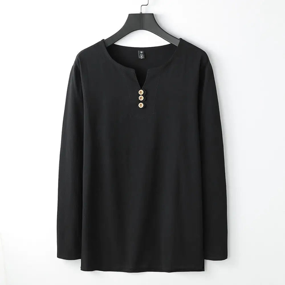 Buddha Stones Solid Color Long Sleeve Button Shirt Cotton Linen Men Clothing - Black / US/UK/AU34，EU44 (M) - Men’s