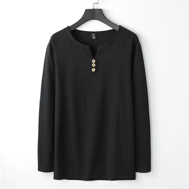 Buddha Stones Solid Color Long Sleeve Button Shirt Cotton Linen Men Clothing - Black / US/UK/AU34，EU44 (M) - Men’s