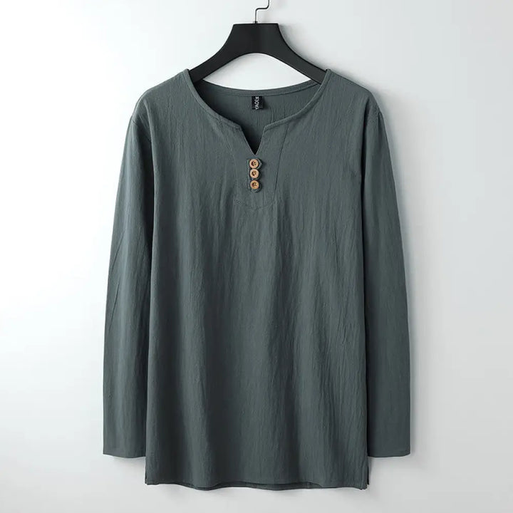 Buddha Stones Solid Color Long Sleeve Button Shirt Cotton Linen Men Clothing - CadetBlue / US/UK/AU34，EU44 (M) - Men’s