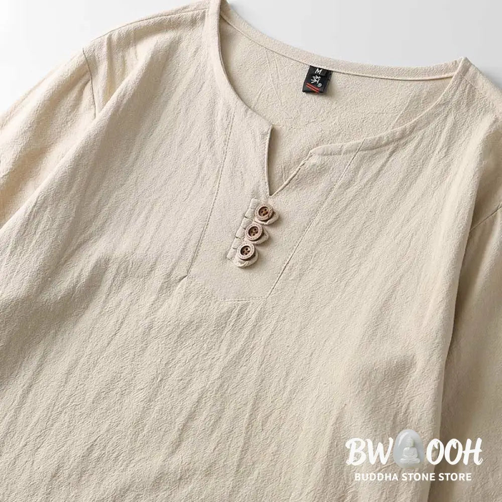 Buddha Stones Solid Color Long Sleeve Button Shirt Cotton Linen Men Clothing - Men’s T-Shirts