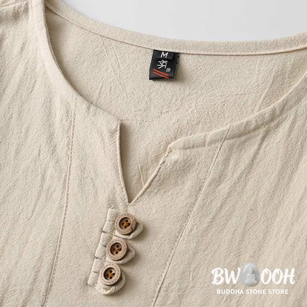 Buddha Stones Solid Color Long Sleeve Button Shirt Cotton Linen Men Clothing - Men’s T-Shirts