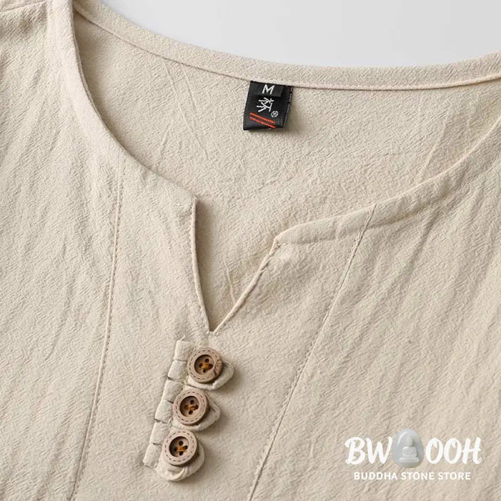 Buddha Stones Solid Color Long Sleeve Button Shirt Cotton Linen Men Clothing - Men’s T-Shirts