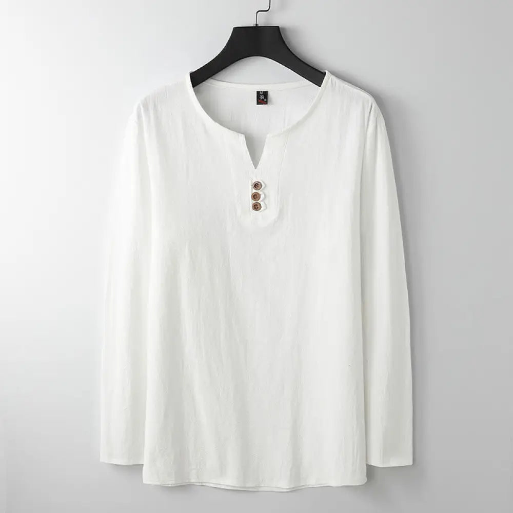 Buddha Stones Solid Color Long Sleeve Button Shirt Cotton Linen Men Clothing - White / US/UK/AU34，EU44 (M) - Men’s