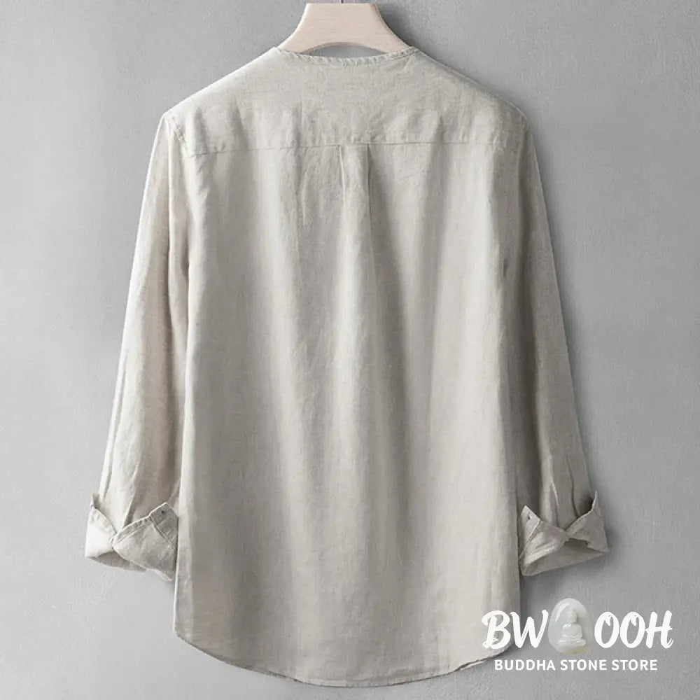 Buddha Stones Solid Color Long Sleeve Button Shirt Linen Men Clothing - Men’s Shirts