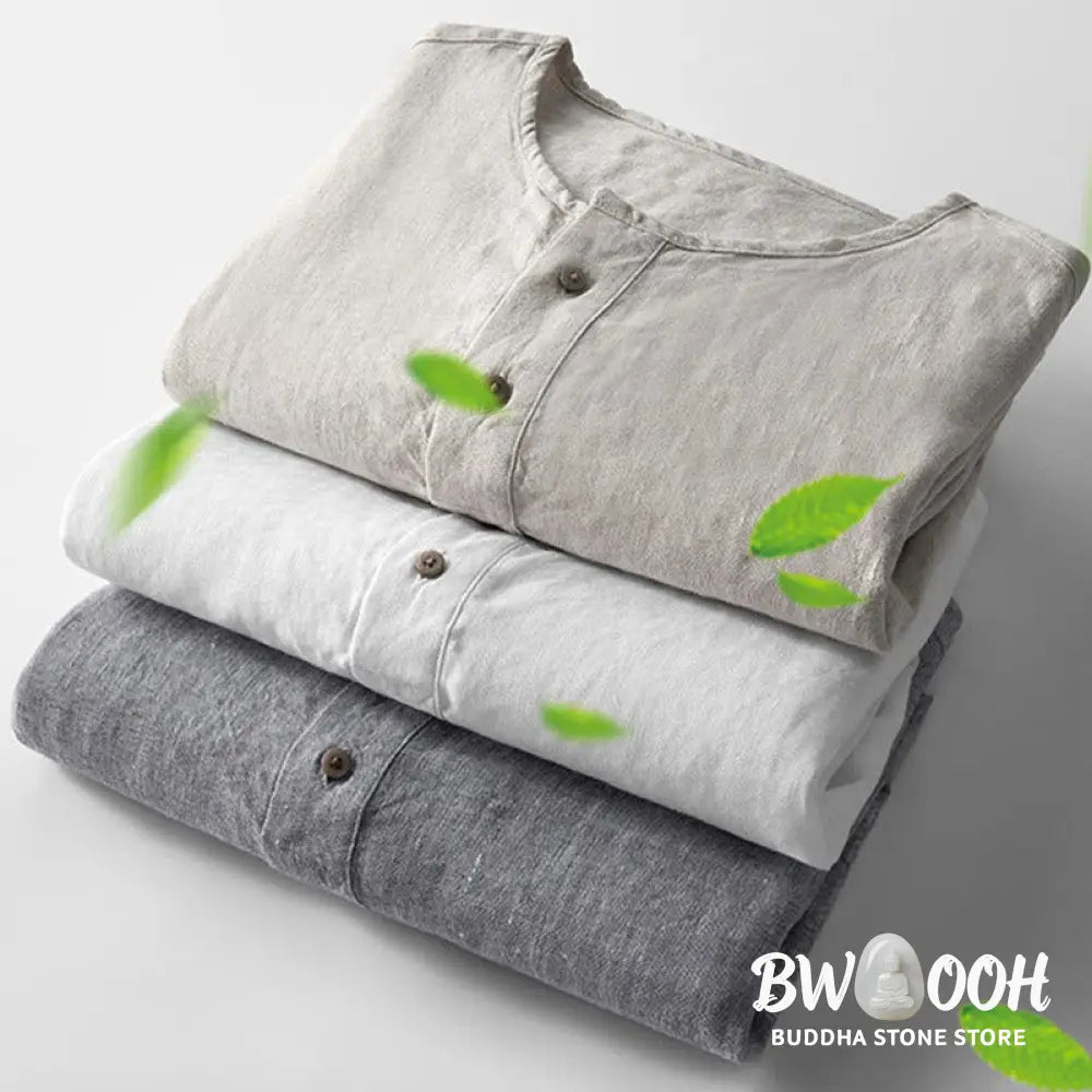 Buddha Stones Solid Color Long Sleeve Button Shirt Linen Men Clothing - Men’s Shirts