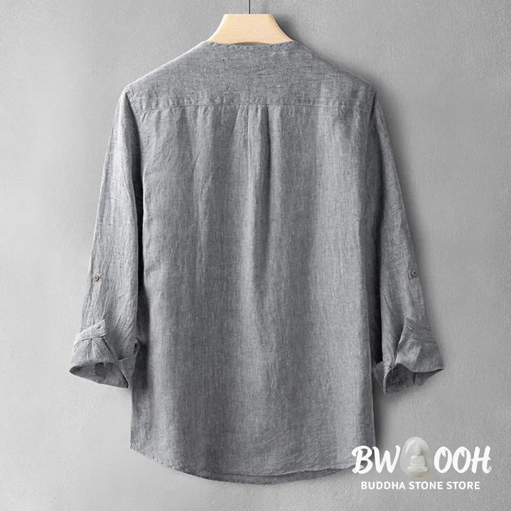Buddha Stones Solid Color Long Sleeve Button Shirt Linen Men Clothing - Men’s Shirts