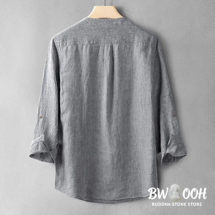 Buddha Stones Solid Color Long Sleeve Button Shirt Linen Men Clothing - Men’s Shirts