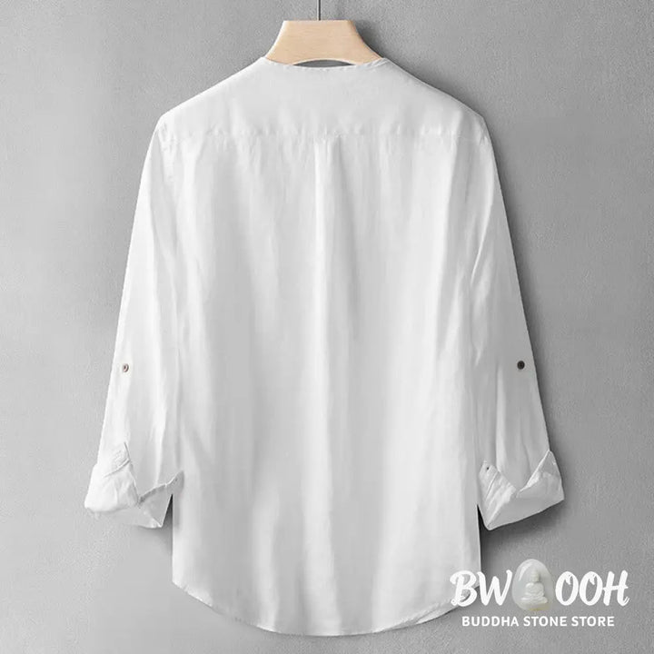 Buddha Stones Solid Color Long Sleeve Button Shirt Linen Men Clothing - Men’s Shirts