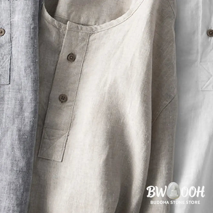 Buddha Stones Solid Color Long Sleeve Button Shirt Linen Men Clothing - Men’s Shirts