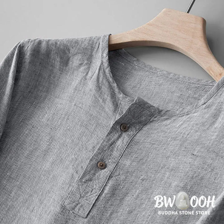 Buddha Stones Solid Color Long Sleeve Button Shirt Linen Men Clothing - Men’s Shirts