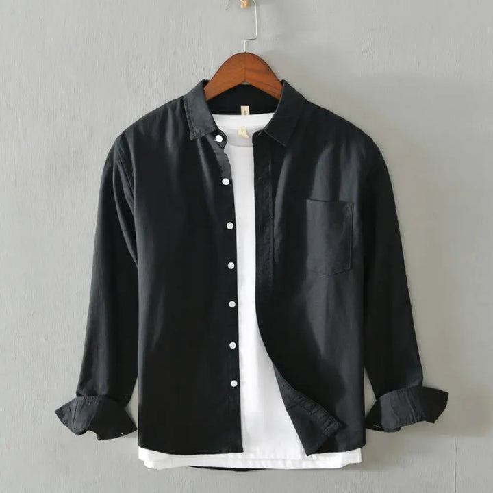 Buddha Stones Solid Color Long Sleeve Buttons Down Design Men Cotton Shirt Clothing - Black / US/UK/AU36，EU46 (XL)