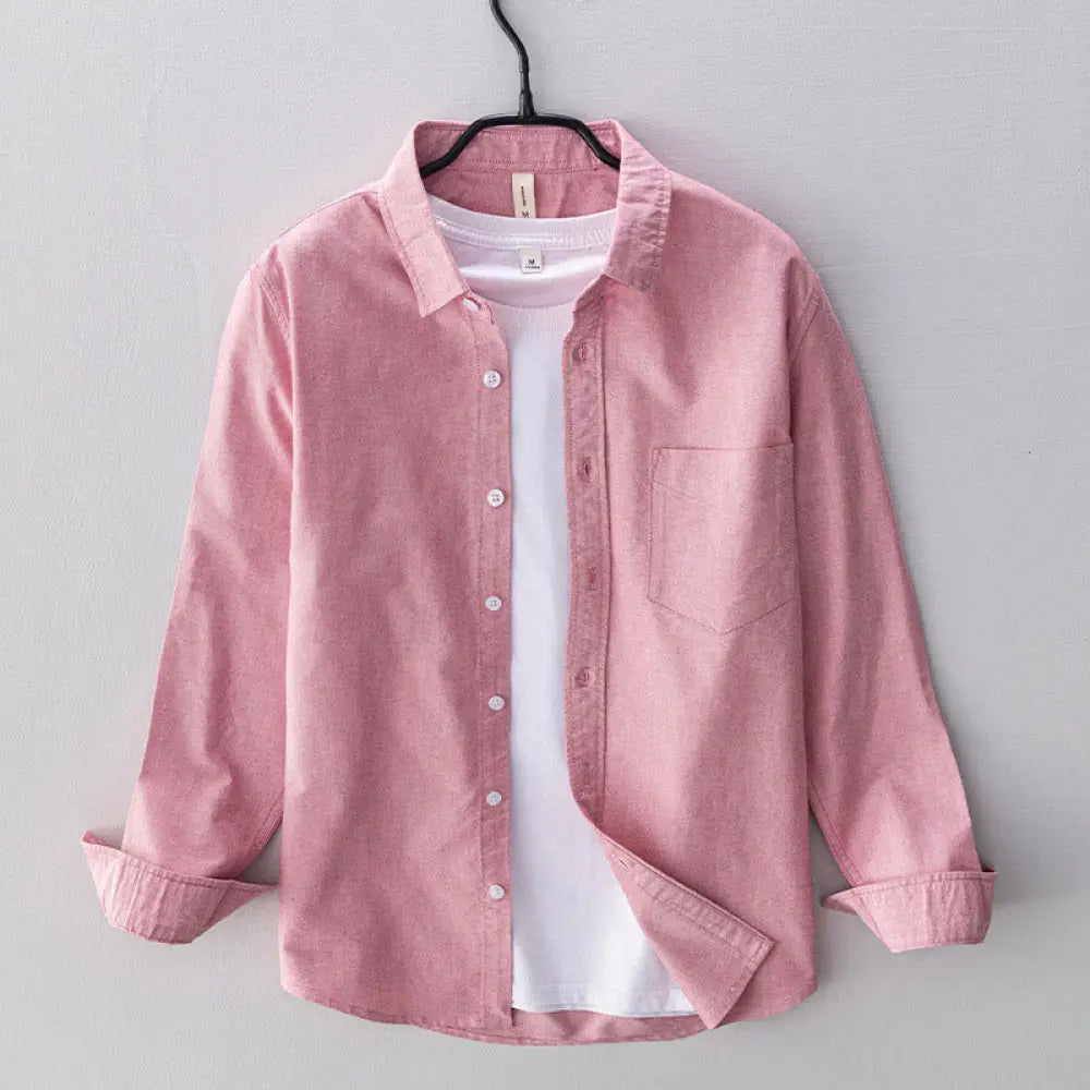 Buddha Stones Solid Color Long Sleeve Buttons Down Design Men Cotton Shirt Clothing - Pink / US/UK/AU36，EU46 (XL)