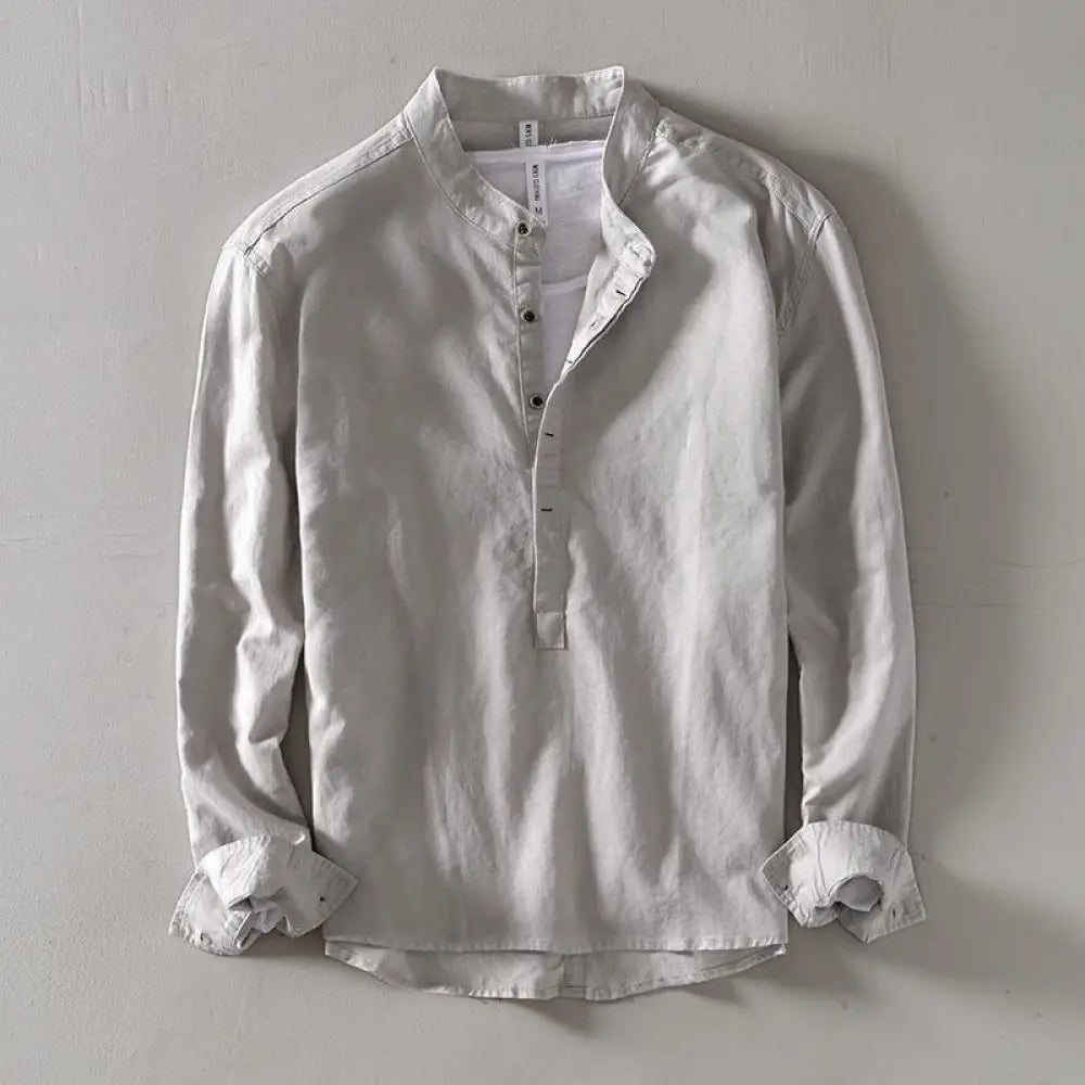 Buddha Stones Solid Color Long Sleeve Half Button Shirt Cotton Linen Men Clothing - Gainsboro / US/UK/AU34，EU44 (M)