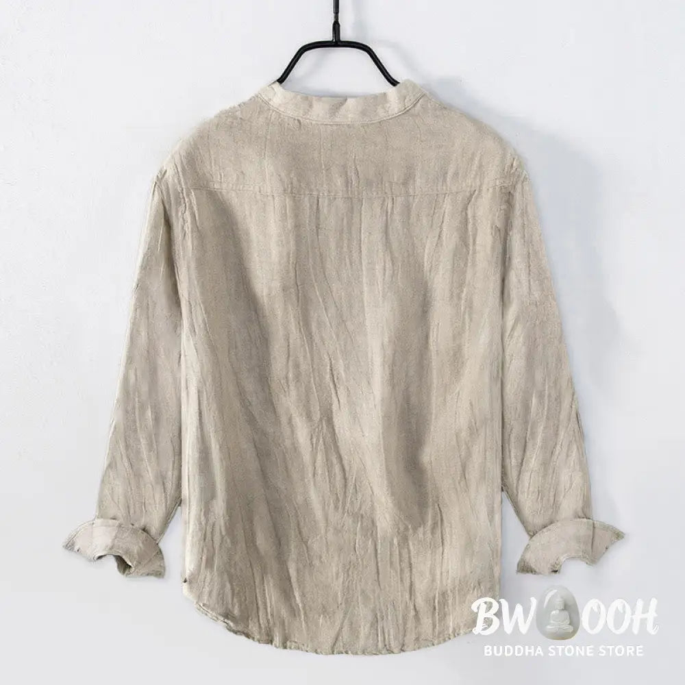 Buddha Stones Solid Color Long Sleeve Half Button Shirt Cotton Linen Men Clothing - Men’s Shirts