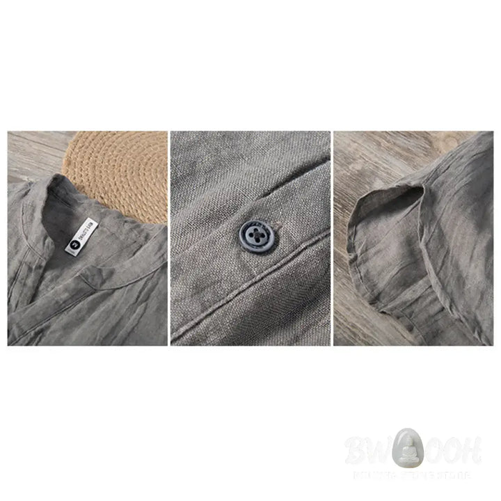 Buddha Stones Solid Color Long Sleeve Half Button Shirt Cotton Linen Men Clothing - Men’s Shirts