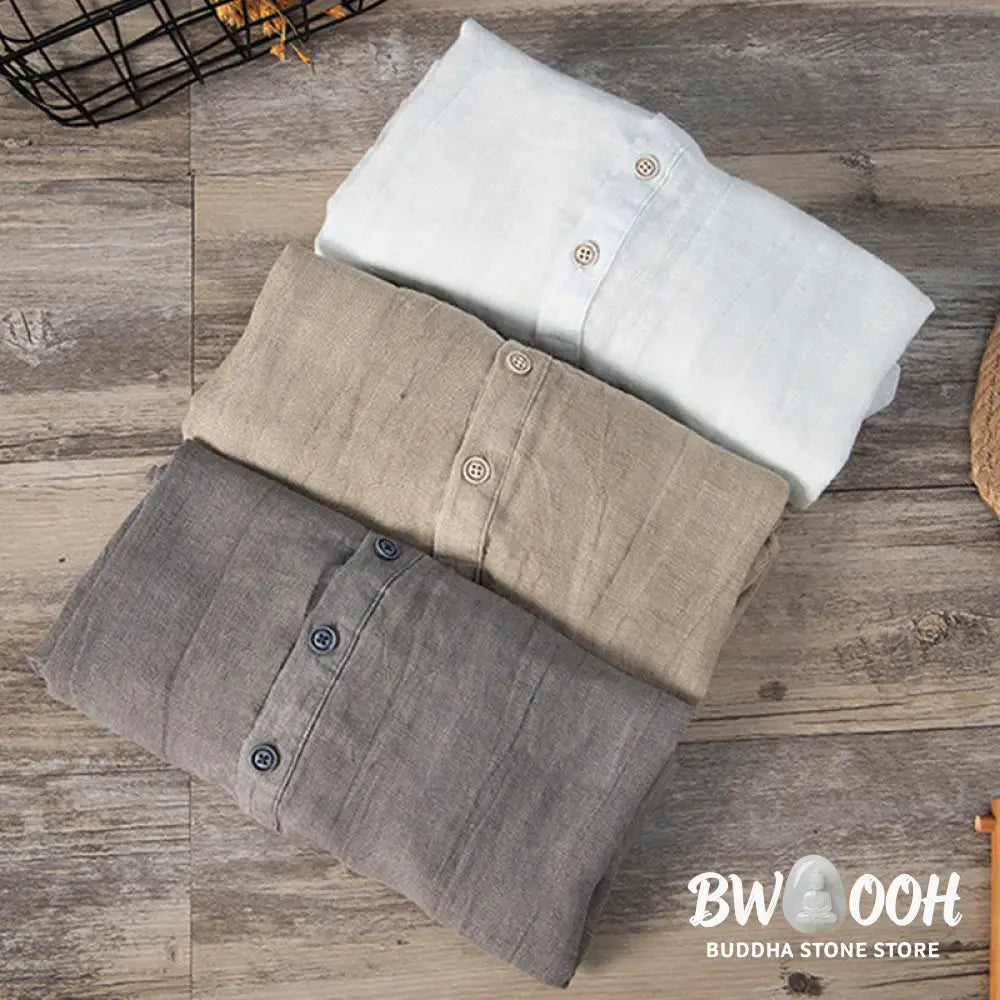Buddha Stones Solid Color Long Sleeve Half Button Shirt Cotton Linen Men Clothing - Men’s Shirts