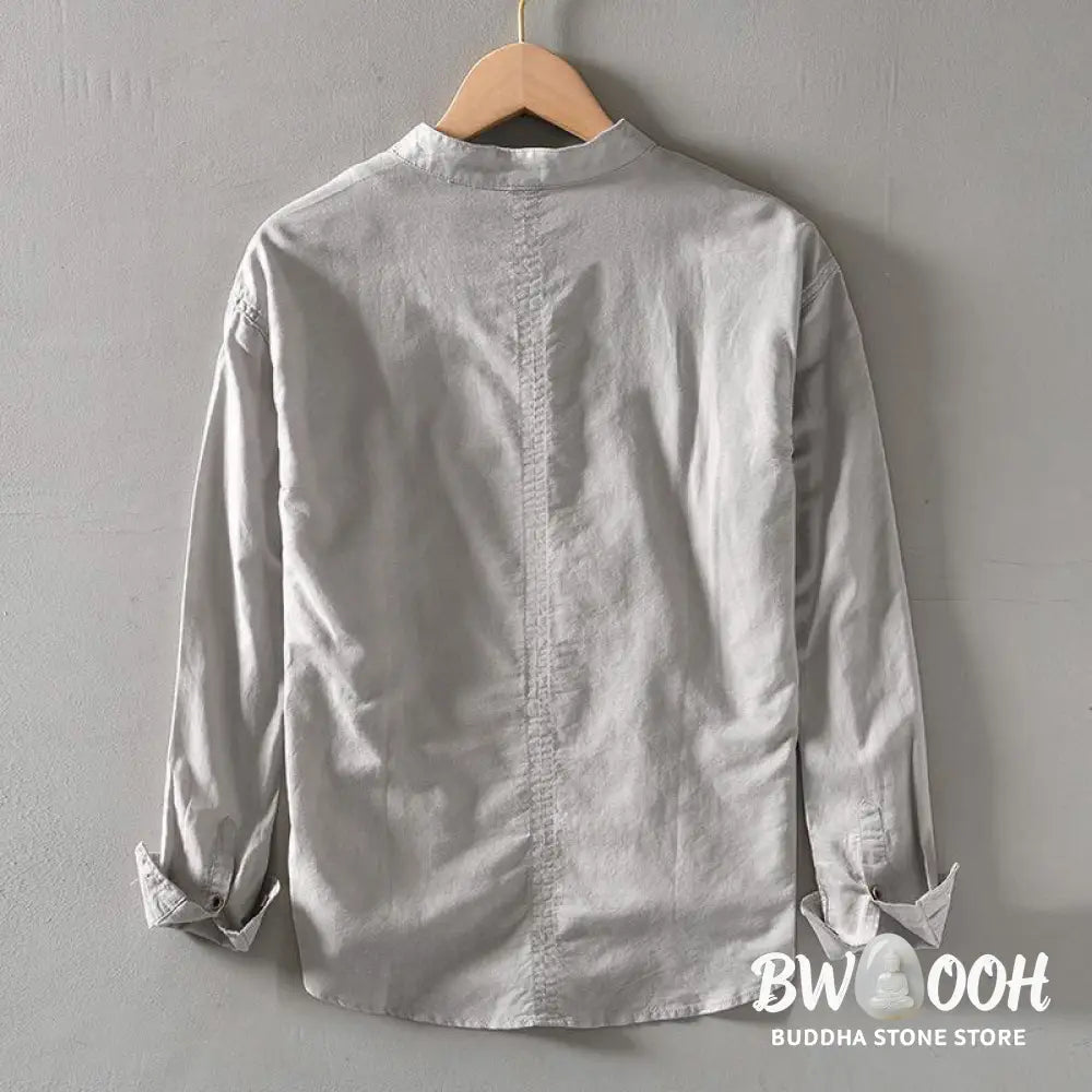 Buddha Stones Solid Color Long Sleeve Half Button Shirt Cotton Linen Men Clothing - Men&