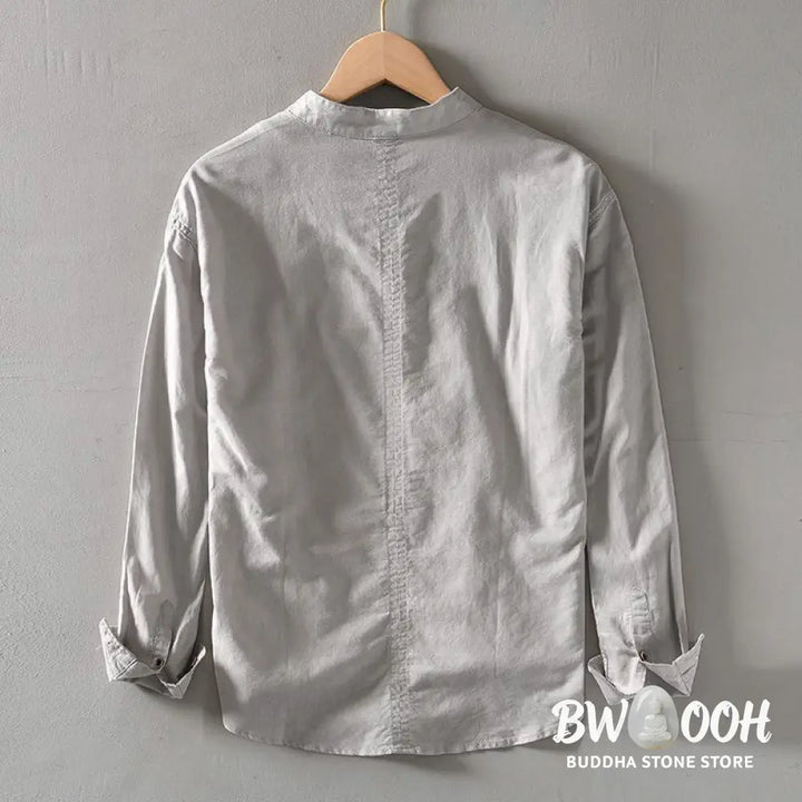 Buddha Stones Solid Color Long Sleeve Half Button Shirt Cotton Linen Men Clothing - Men&