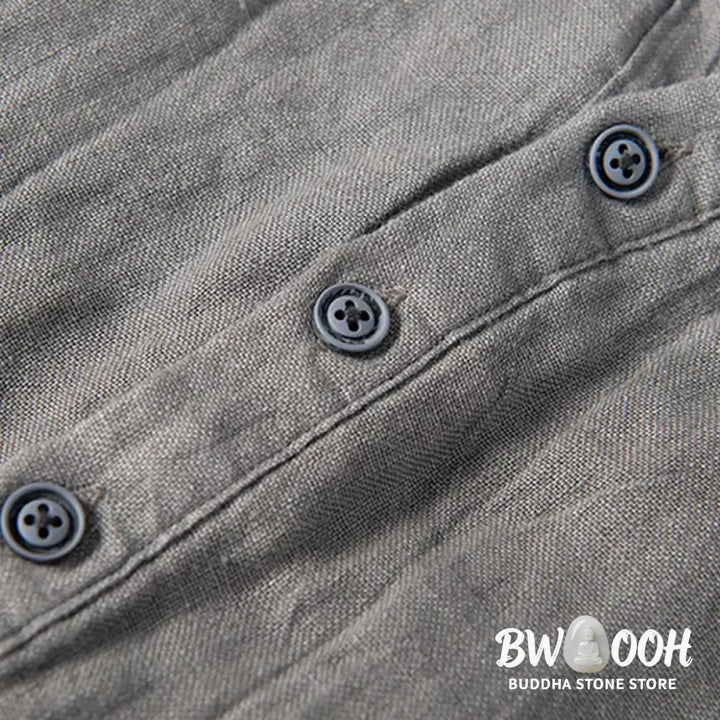 Buddha Stones Solid Color Long Sleeve Half Button Shirt Cotton Linen Men Clothing - Men’s Shirts