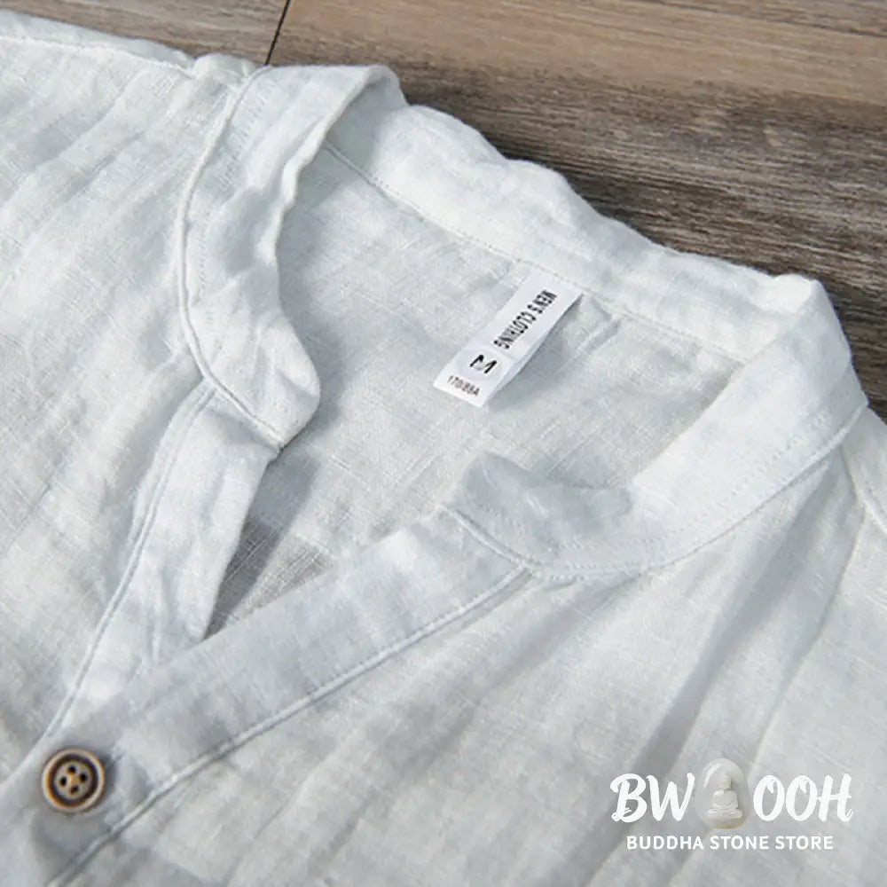 Buddha Stones Solid Color Long Sleeve Half Button Shirt Cotton Linen Men Clothing - Men’s Shirts