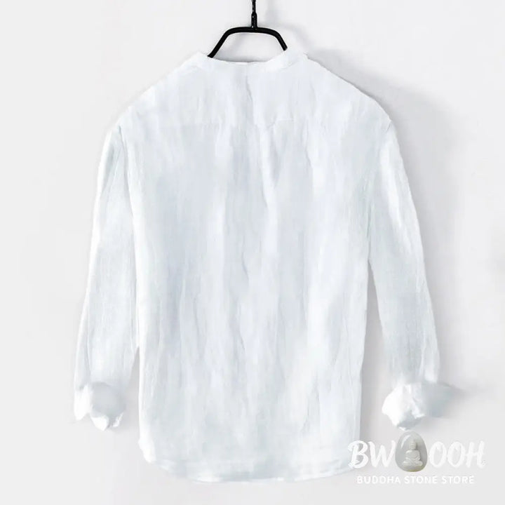 Buddha Stones Solid Color Long Sleeve Half Button Shirt Cotton Linen Men Clothing - Men’s Shirts