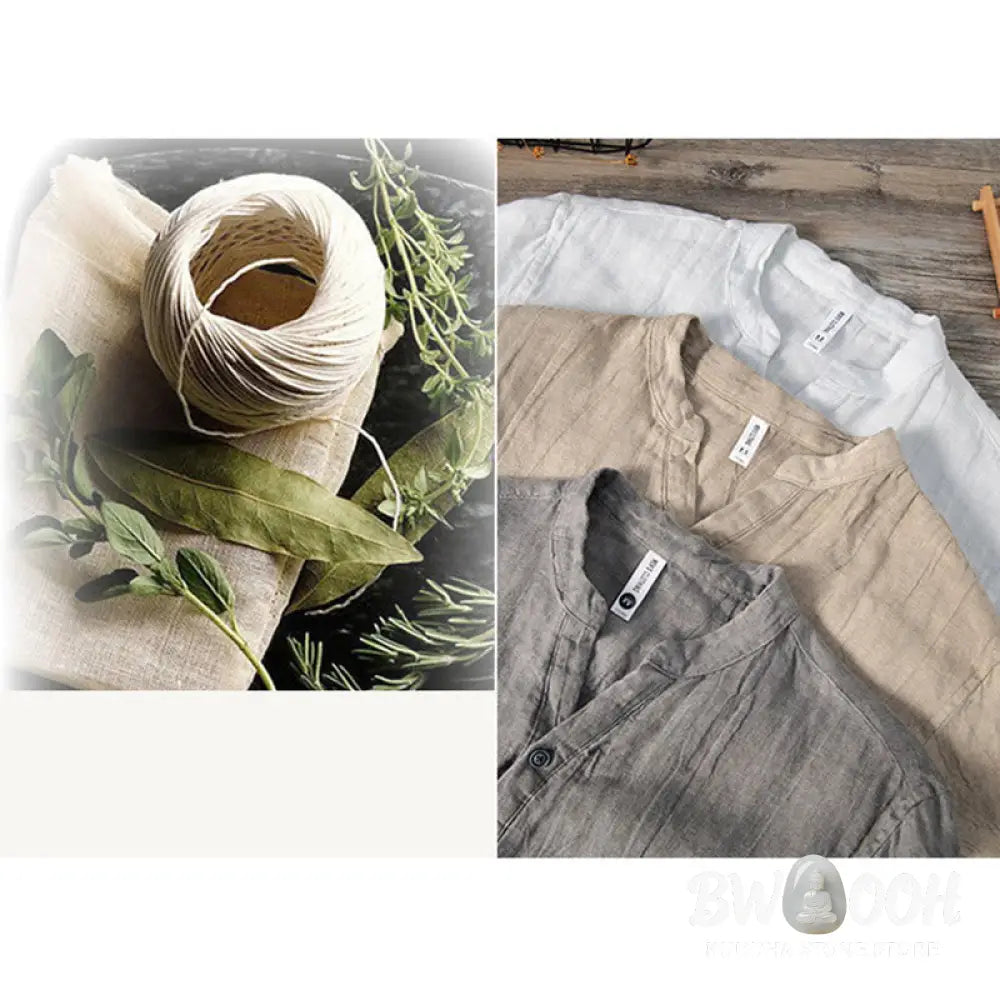 Buddha Stones Solid Color Long Sleeve Half Button Shirt Cotton Linen Men Clothing - Men’s Shirts