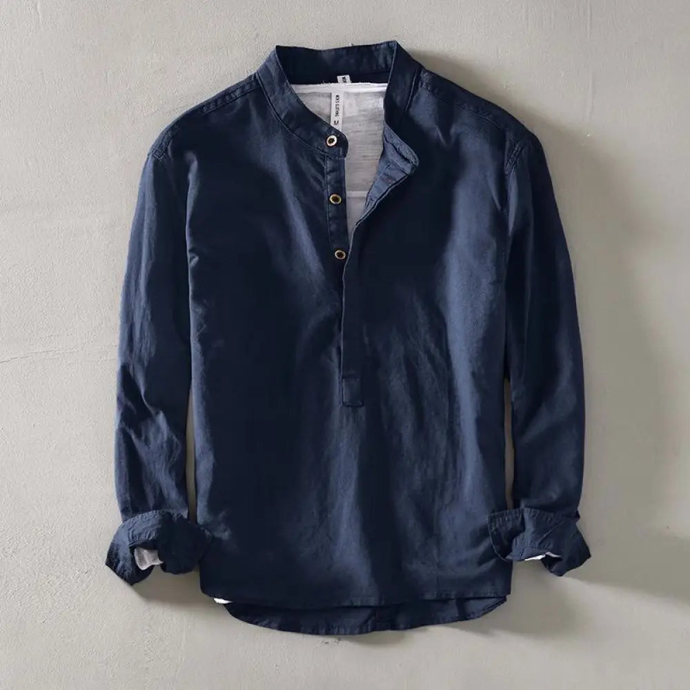 Buddha Stones Solid Color Long Sleeve Half Button Shirt Cotton Linen Men Clothing - SteelBlue / US/UK/AU34，EU44 (M)