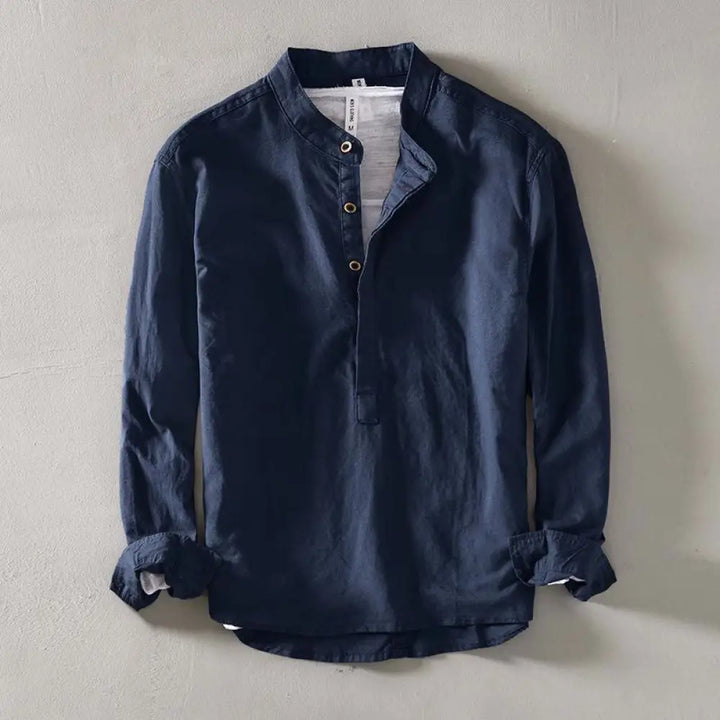 Buddha Stones Solid Color Long Sleeve Half Button Shirt Cotton Linen Men Clothing - SteelBlue / US/UK/AU34，EU44 (M)