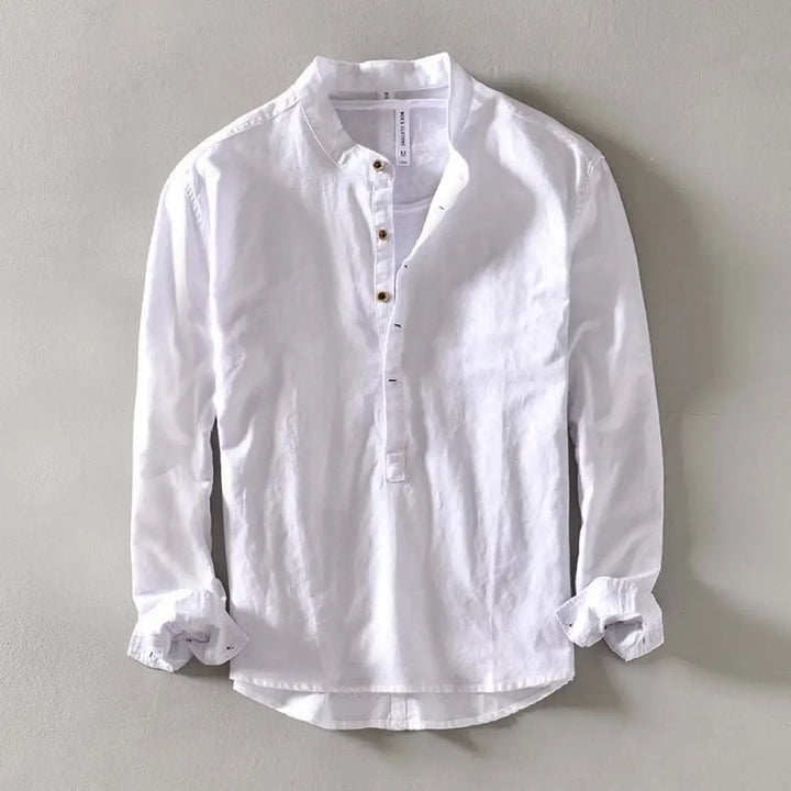 Buddha Stones Solid Color Long Sleeve Half Button Shirt Cotton Linen Men Clothing - White / US/UK/AU34，EU44 (M) - Men&