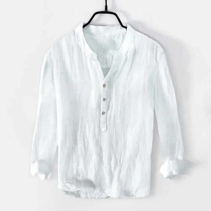 Buddha Stones Solid Color Long Sleeve Half Button Shirt Cotton Linen Men Clothing - White / US/UK/AU38，EU48 (M) - Men’s