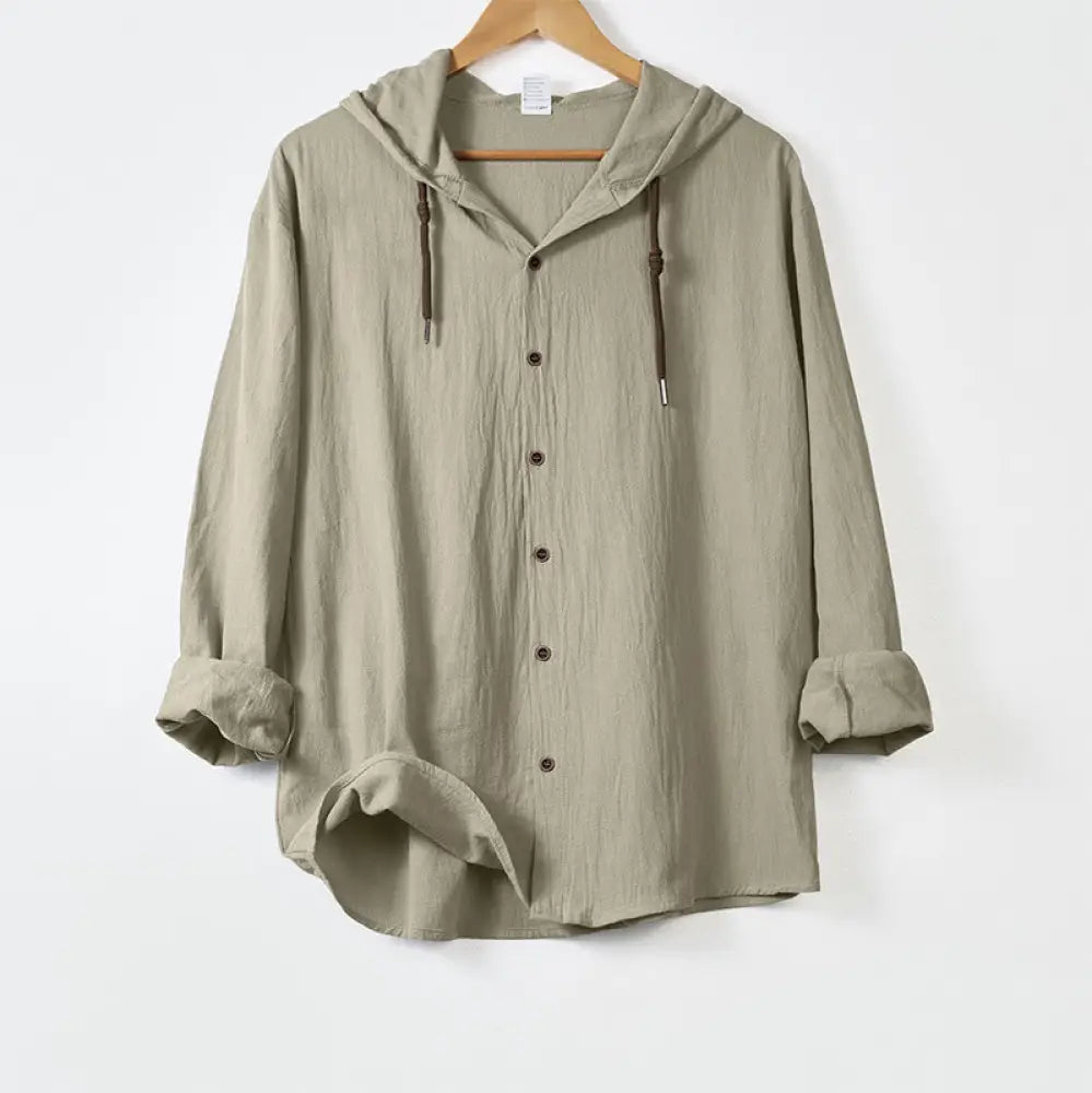 Buddha Stones Solid Color Long Sleeve Hooded Drawstring Buttons Cotton Men’s Shirt - Beige / US/UK/AU34，EU44 (S)