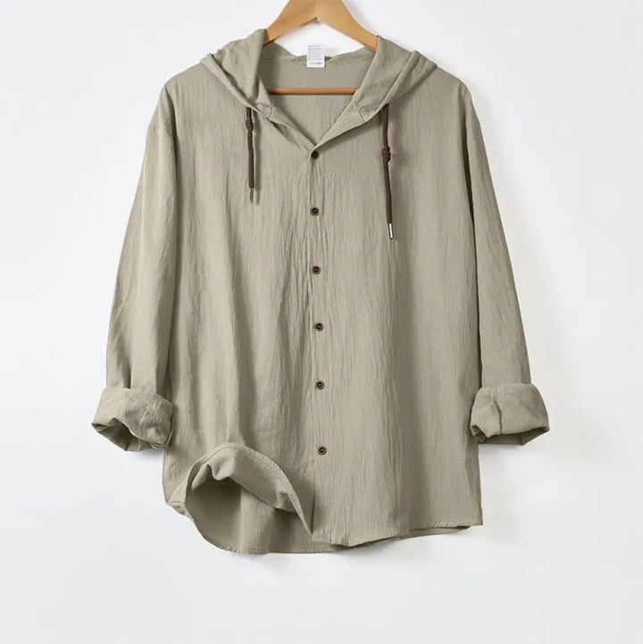 Buddha Stones Solid Color Long Sleeve Hooded Drawstring Buttons Cotton Men’s Shirt - Beige / US/UK/AU34，EU44 (S)