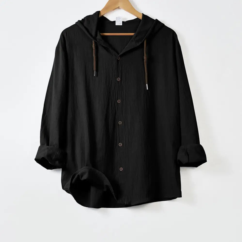 Buddha Stones Solid Color Long Sleeve Hooded Drawstring Buttons Cotton Men’s Shirt - Black / US/UK/AU34，EU44 (S)