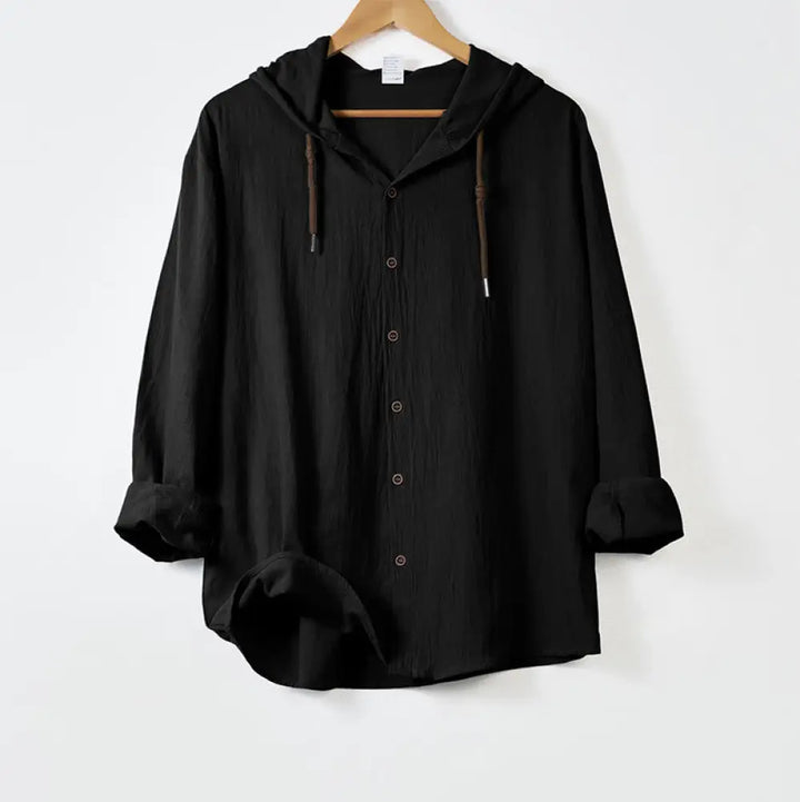 Buddha Stones Solid Color Long Sleeve Hooded Drawstring Buttons Cotton Men’s Shirt - Black / US/UK/AU34，EU44 (S)
