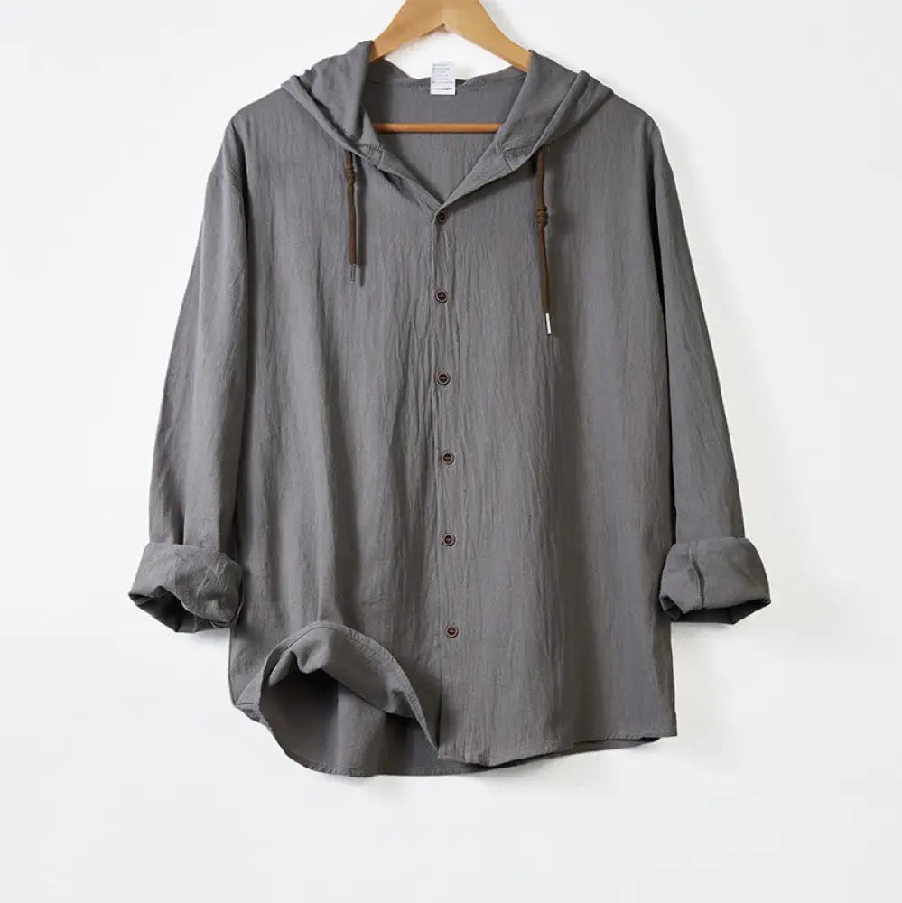 Buddha Stones Solid Color Long Sleeve Hooded Drawstring Buttons Cotton Men’s Shirt - DarkGray / US/UK/AU34，EU44 (S)