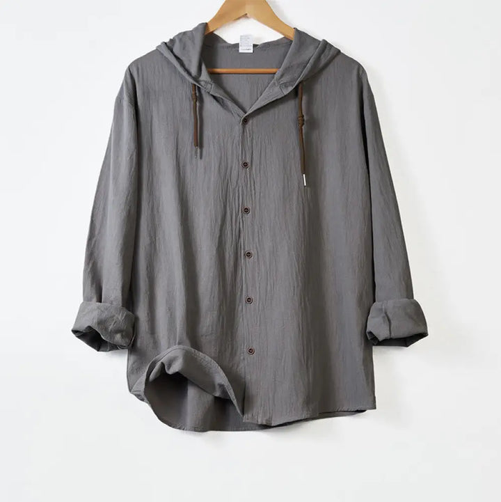 Buddha Stones Solid Color Long Sleeve Hooded Drawstring Buttons Cotton Men’s Shirt - DarkGray / US/UK/AU34，EU44 (S)