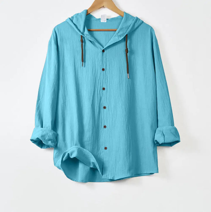 Buddha Stones Solid Color Long Sleeve Hooded Drawstring Buttons Cotton Men’s Shirt - LightSkyBlue / US/UK/AU34，EU44 (S)